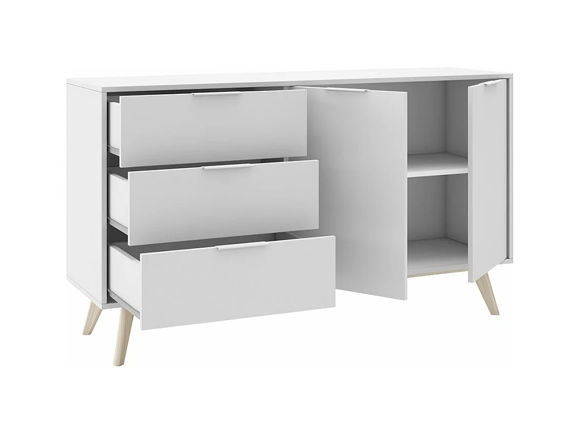 BLAJK - Pack Salon Scandinave Meuble TV 4 Portes + Buffet 140cm Pin Naturel et Blanc