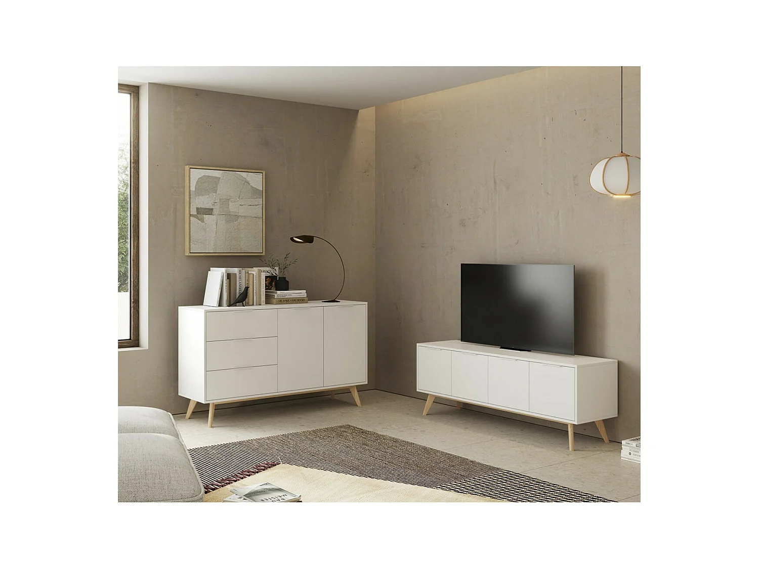 BLAJK - Pack Salon Scandinave Meuble TV 4 Portes + Buffet 140cm Pin Naturel et Blanc