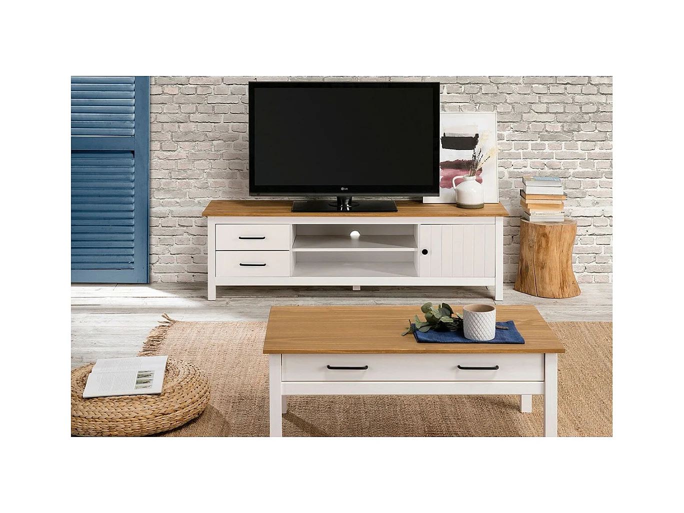 TINA - Pack Salon avec Meuble TV + Table Basse en Bois Ciré et Blanc