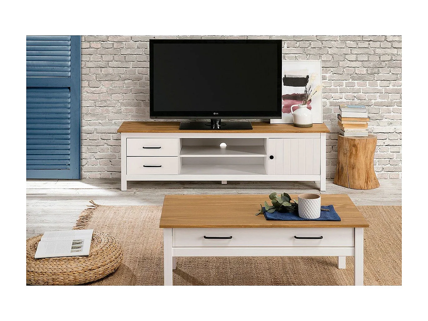 TINA - Pack Salon avec Meuble TV + Table Basse en Bois Ciré et Blanc