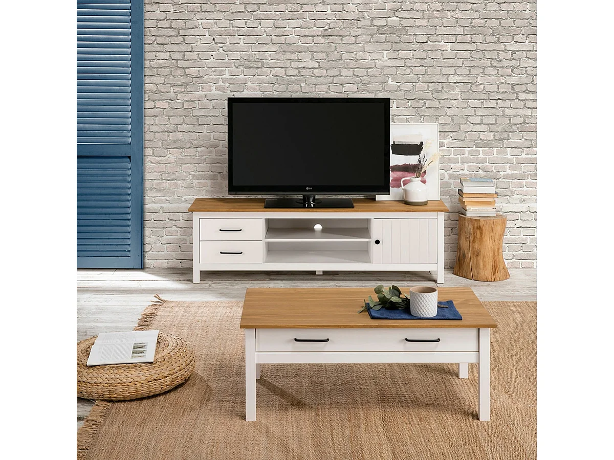 TINA - Pack Salon avec Meuble TV + Table Basse en Bois Ciré et Blanc