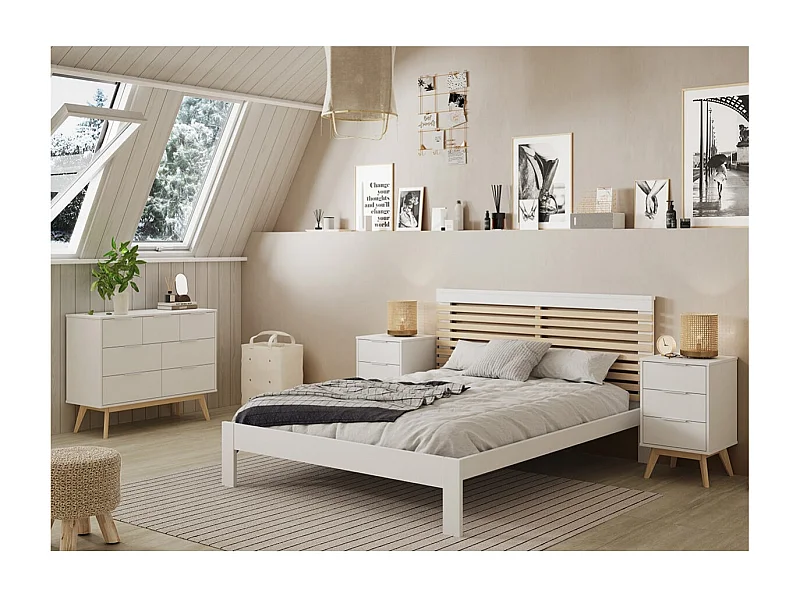LAUPELL - Chambre 140x190cm avec Commode 7 Tiroirs Pin Naturel et Blanc Scandinave