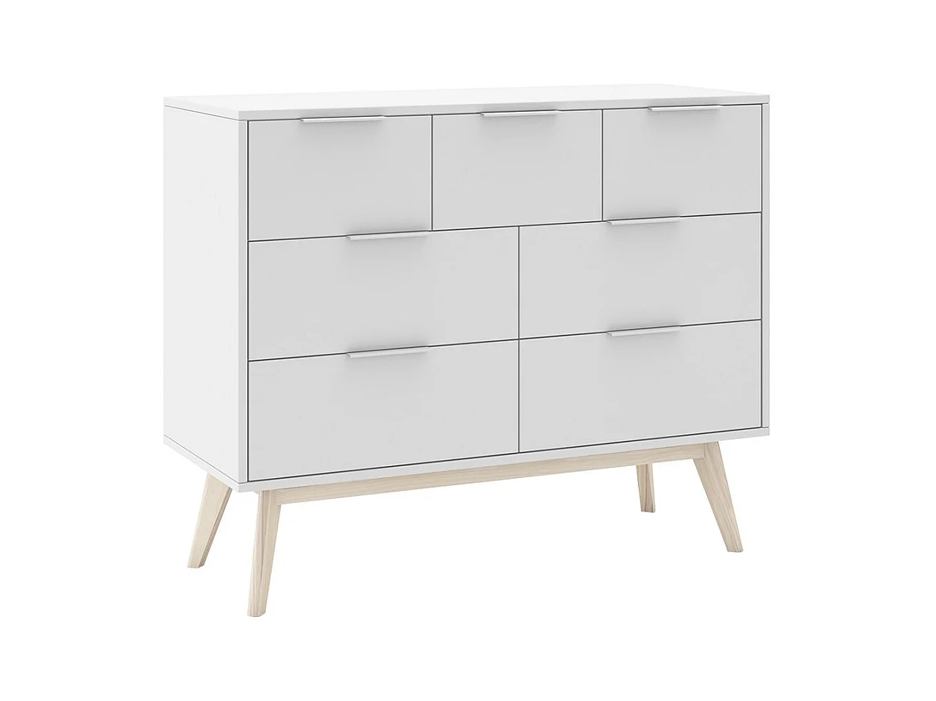 LAUPELL - Chambre 140x190cm avec Commode 7 Tiroirs Pin Naturel et Blanc Scandinave