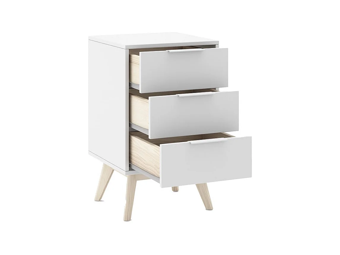 LAUPELL - Chambre 140x190cm avec Commode 7 Tiroirs Pin Naturel et Blanc Scandinave