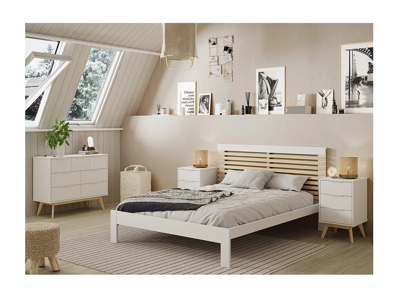 LAUPELL - Chambre 140x190cm avec Commode 7 Tiroirs Pin Naturel et Blanc Scandinave