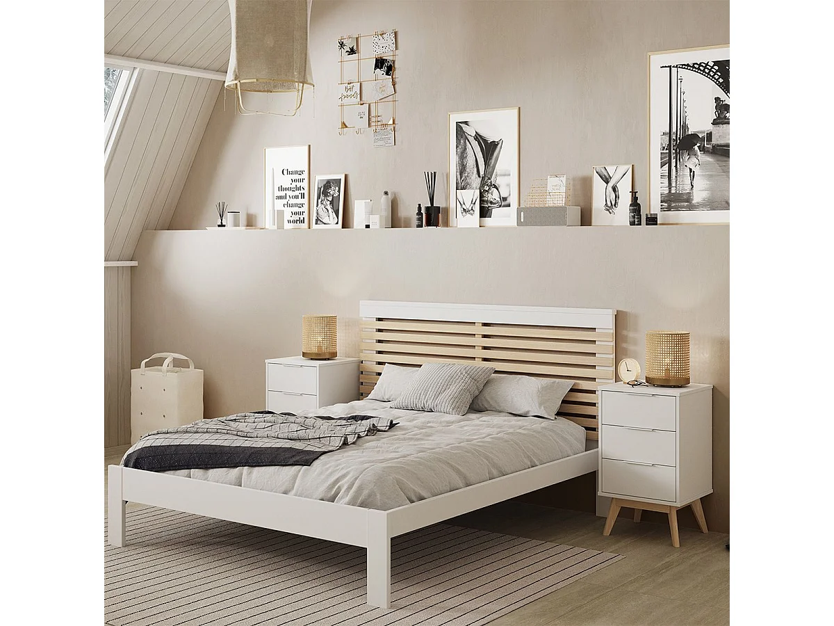 LAUPELL - Chambre 140x190cm avec Commode 7 Tiroirs Pin Naturel et Blanc Scandinave