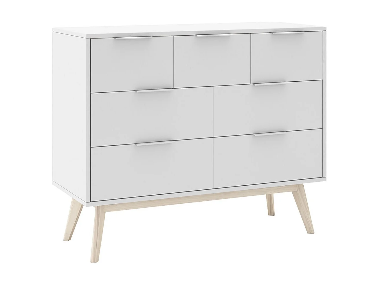 LAUPELL - Chambre 140x190cm avec Commode 7 Tiroirs Pin Naturel et Blanc Scandinave