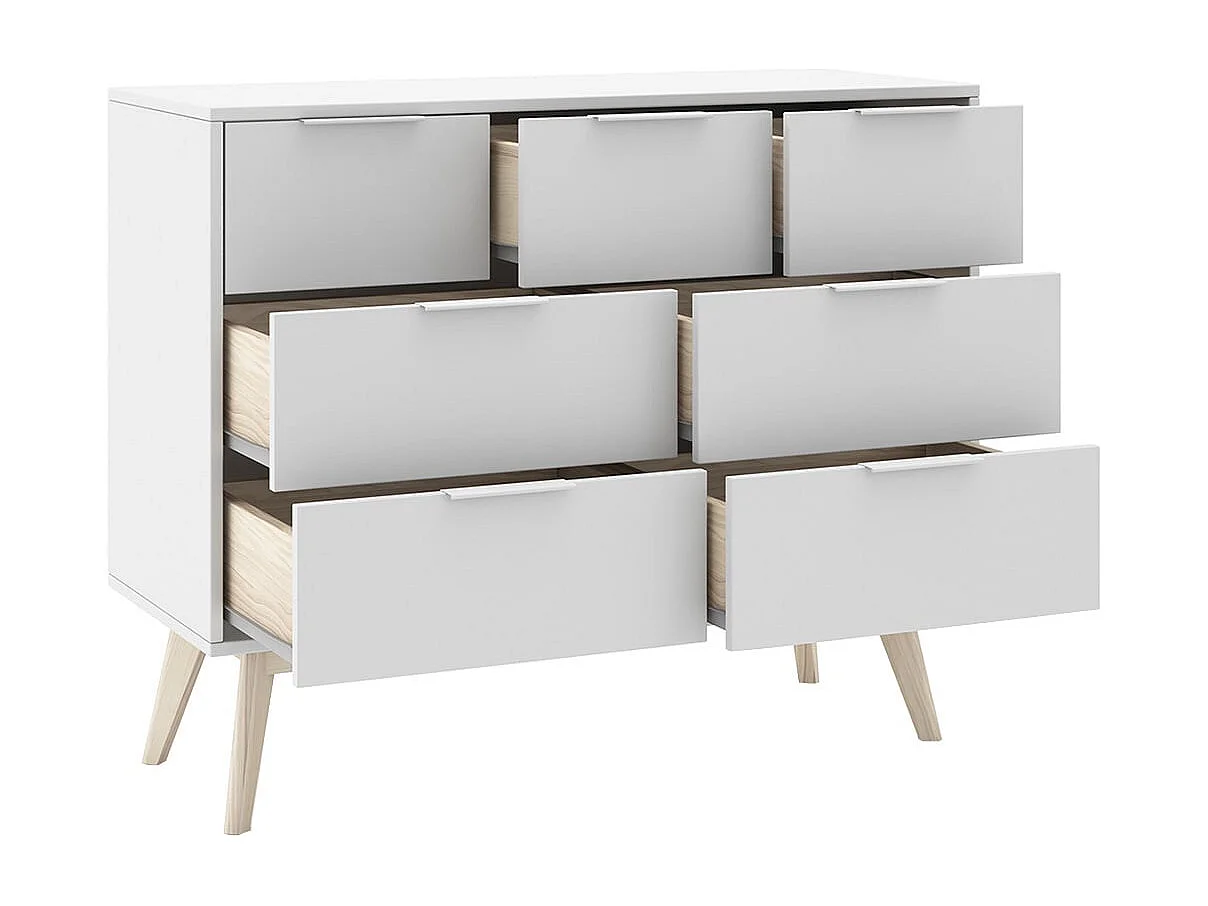 LAUPELL - Chambre 140x190cm avec Commode 7 Tiroirs Pin Naturel et Blanc Scandinave