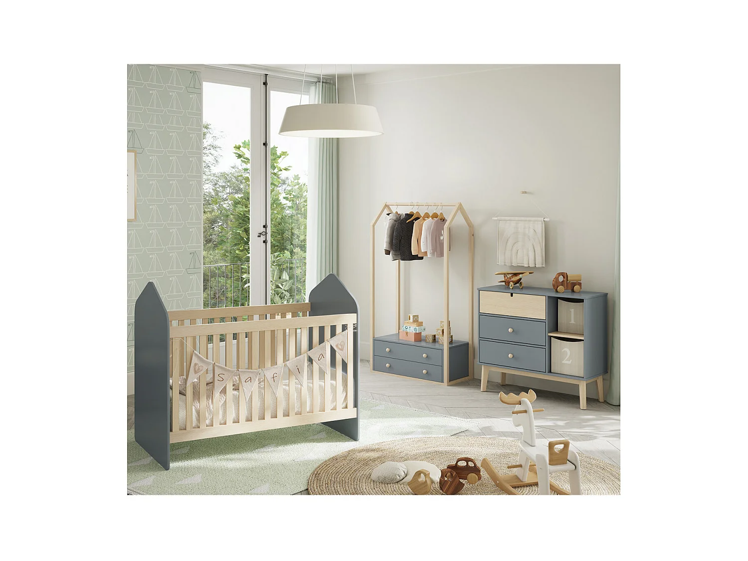 KAINA - Pack Lit Bébé Cabane 60x120cm + Commode + Penderie Coloris Gris et Naturel