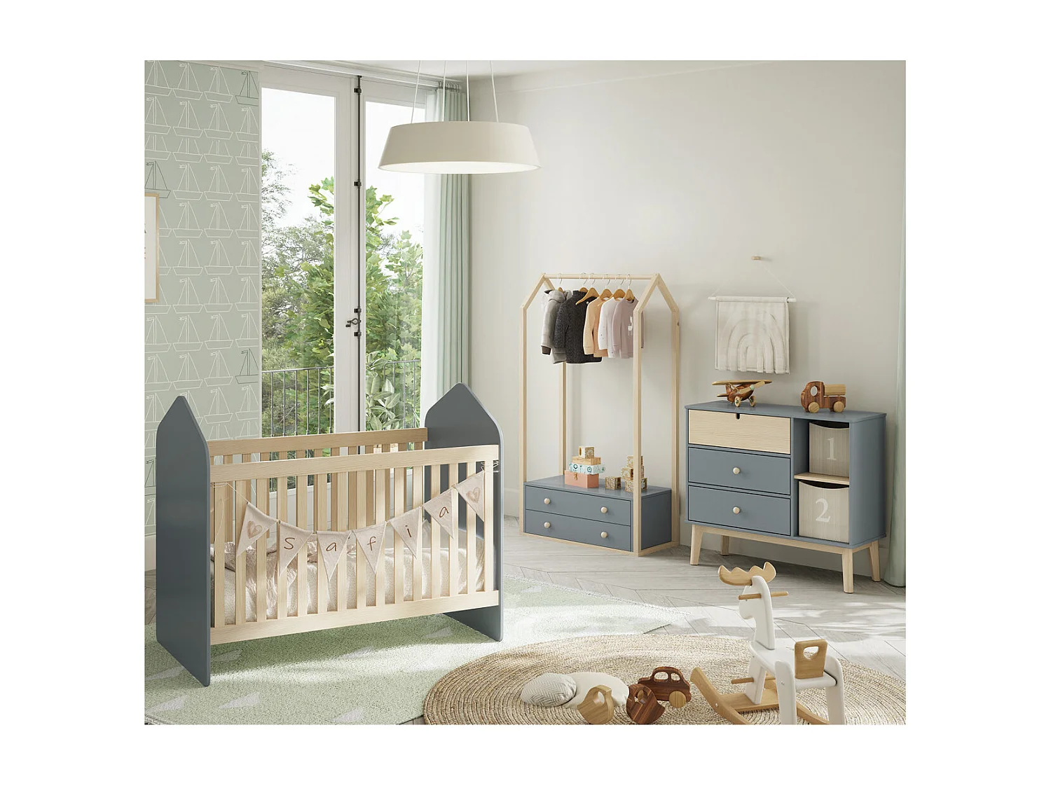 KAINA - Pack Lit Bébé Cabane 60x120cm + Commode + Penderie Coloris Gris et Naturel