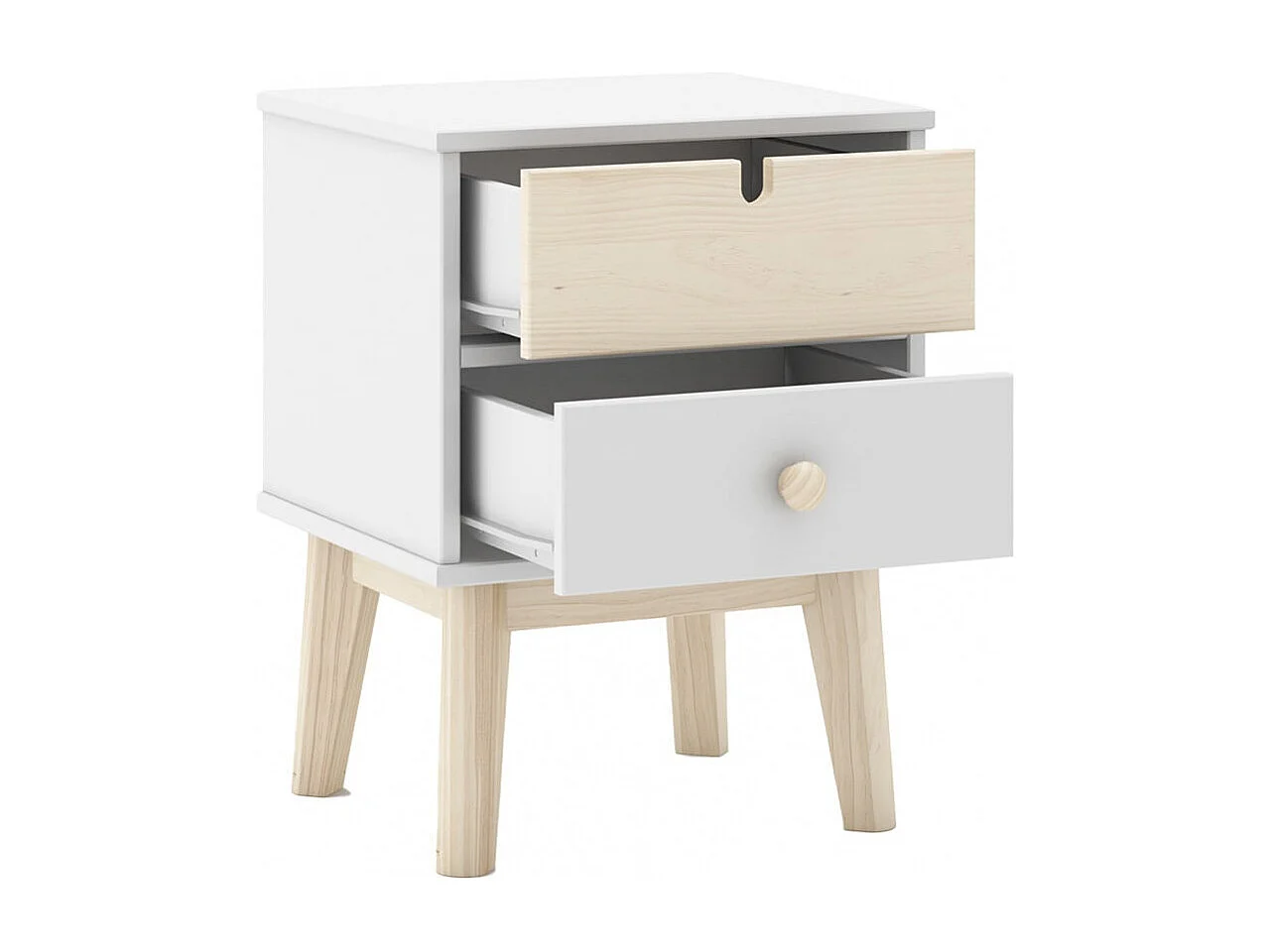 KAINA - Pack Lit 90x190cm + Chevet 2 Tiroirs + Commode 4T Coloris Blanc et Naturel