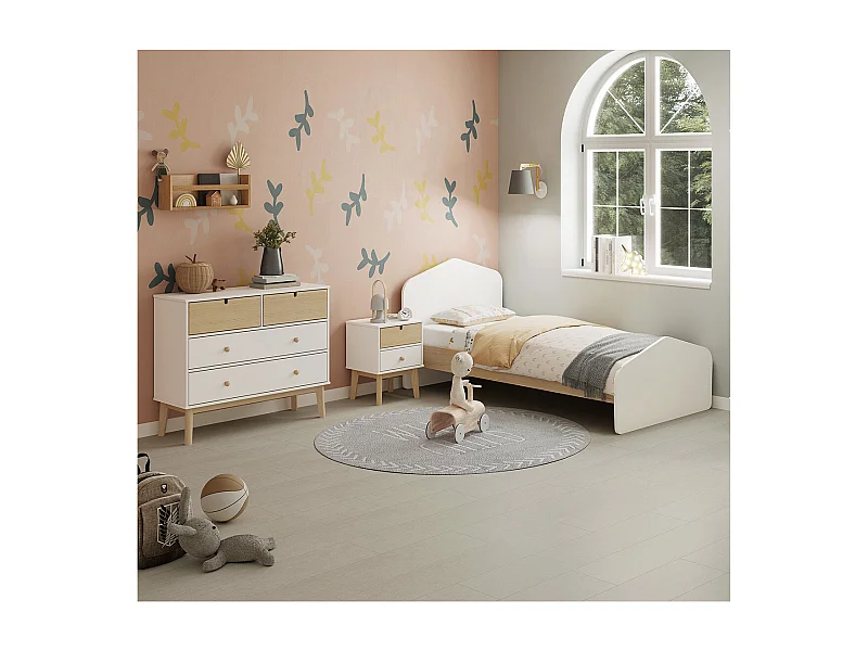 KAINA - Pack Lit 90x190cm + Chevet 2 Tiroirs + Commode 4T Coloris Blanc et Naturel