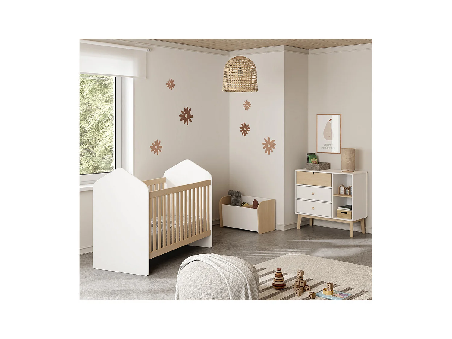 KAINA - Chambre Bébé 60x120cm + Coffre à Jouets Coloris Blanc et Naturel