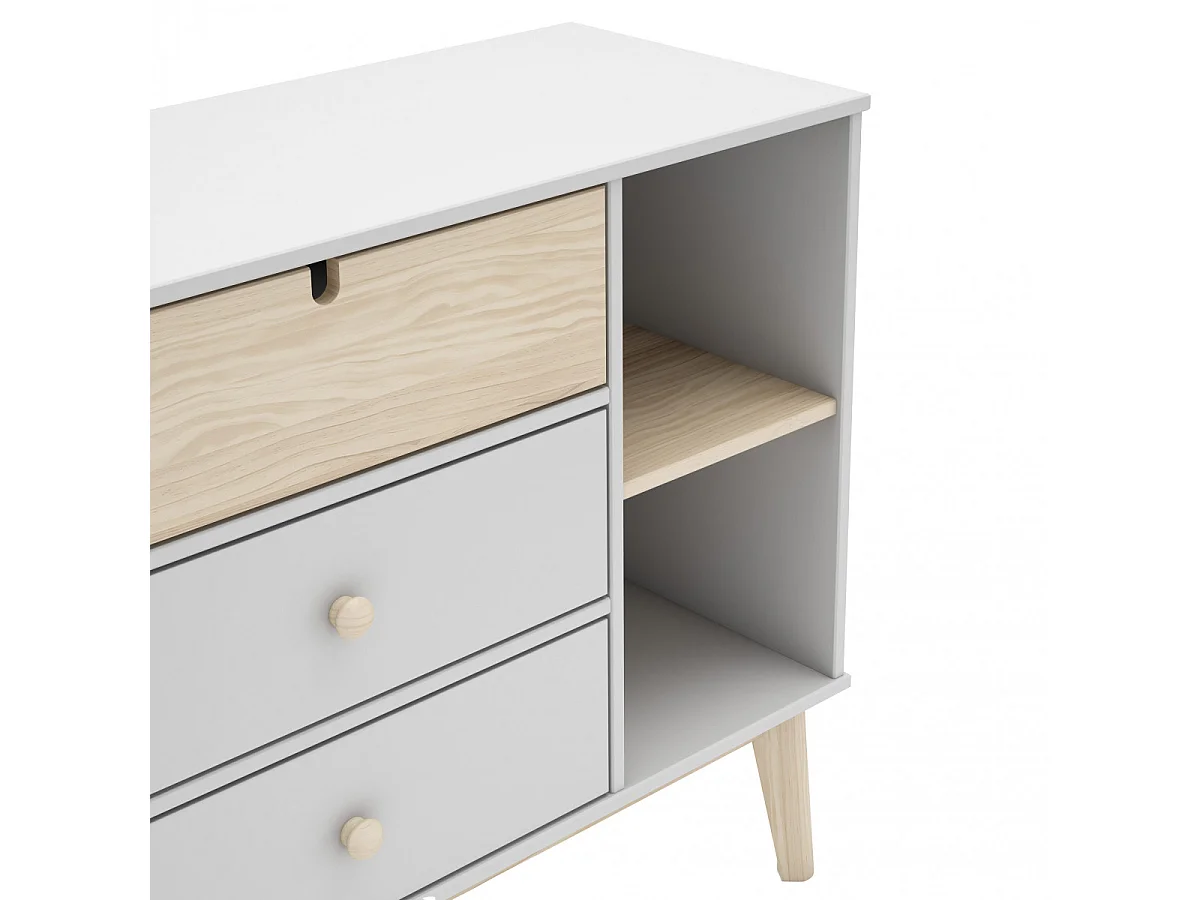 KAINA - Chambre Bébé 60x120cm + Coffre à Jouets Coloris Blanc et Naturel