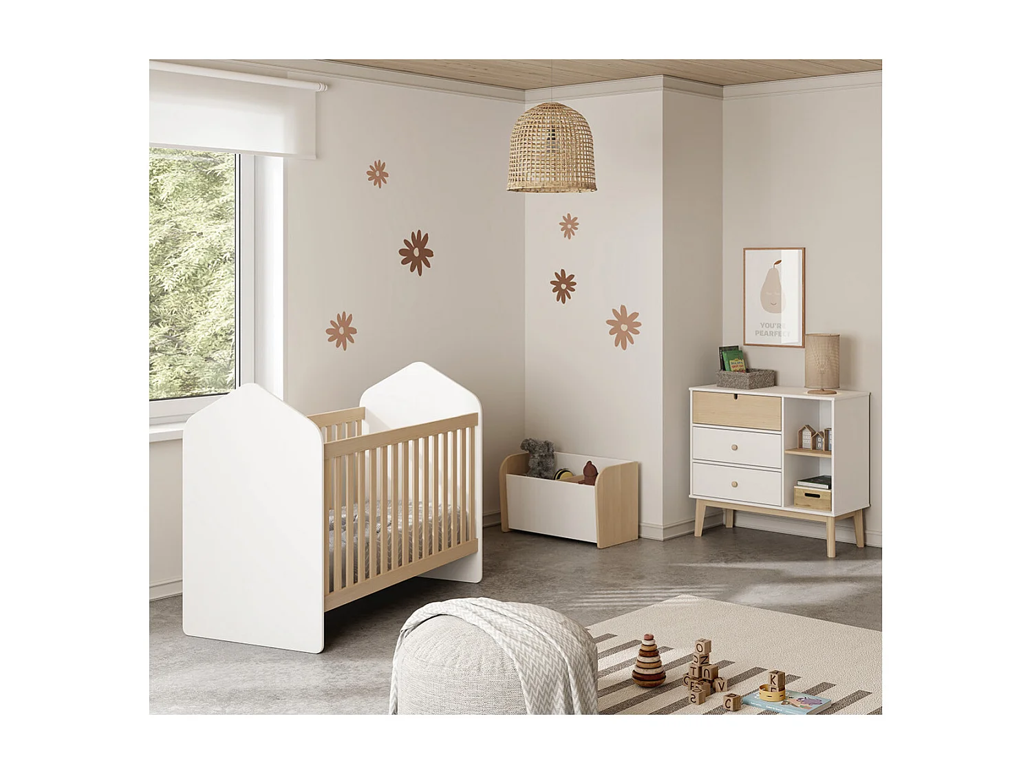 KAINA - Chambre Bébé 60x120cm + Coffre à Jouets Coloris Blanc et Naturel