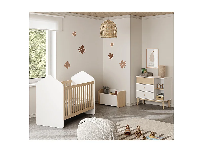 KAINA - Chambre Bébé 60x120cm + Coffre à Jouets Coloris Blanc et Naturel