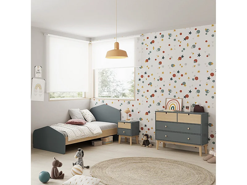 KAINA - Pack Lit 90x190cm + Chevet 2 Tiroirs + Commode 4T Coloris Gris et Naturel