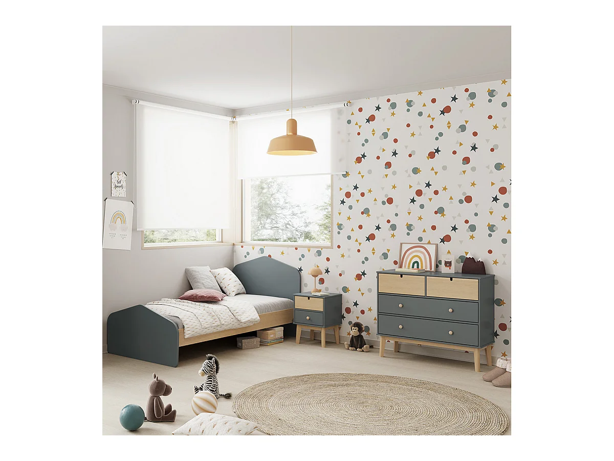 KAINA - Pack Lit 90x190cm + Chevet 2 Tiroirs + Commode 4T Coloris Gris et Naturel