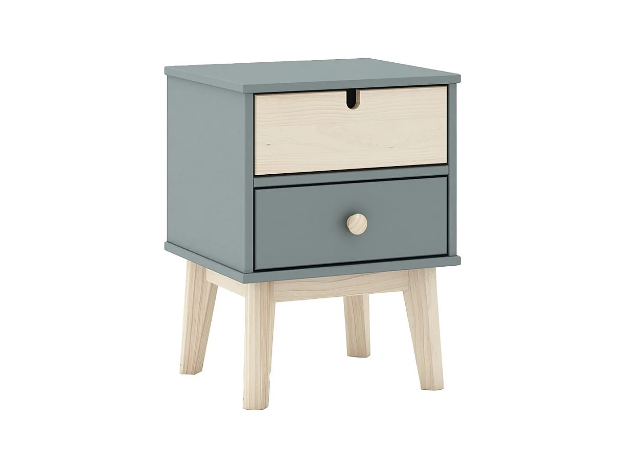 KAINA - Pack Lit 90x190cm + Chevet 2 Tiroirs + Commode 4T Coloris Gris et Naturel