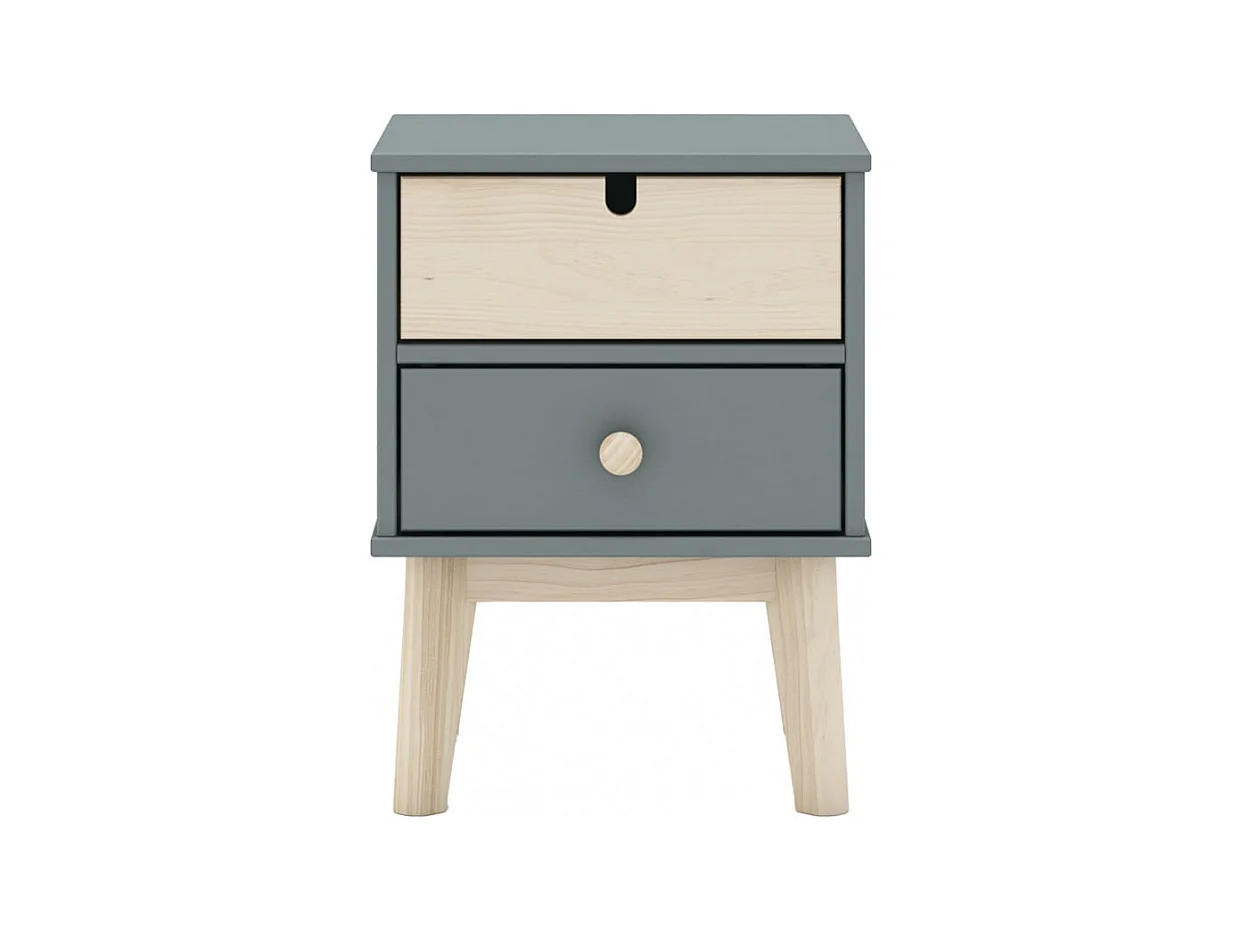 KAINA - Pack Lit 90x190cm + Chevet 2 Tiroirs + Commode 4T Coloris Gris et Naturel