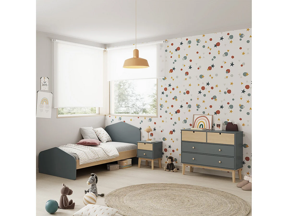 KAINA - Pack Lit 90x190cm + Chevet 2 Tiroirs + Commode 4T Coloris Gris et Naturel