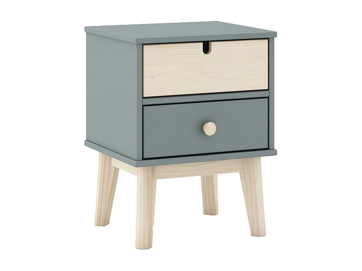 KAINA - Pack Lit 90x190cm + Chevet 2 Tiroirs + Commode 4T Coloris Gris et Naturel