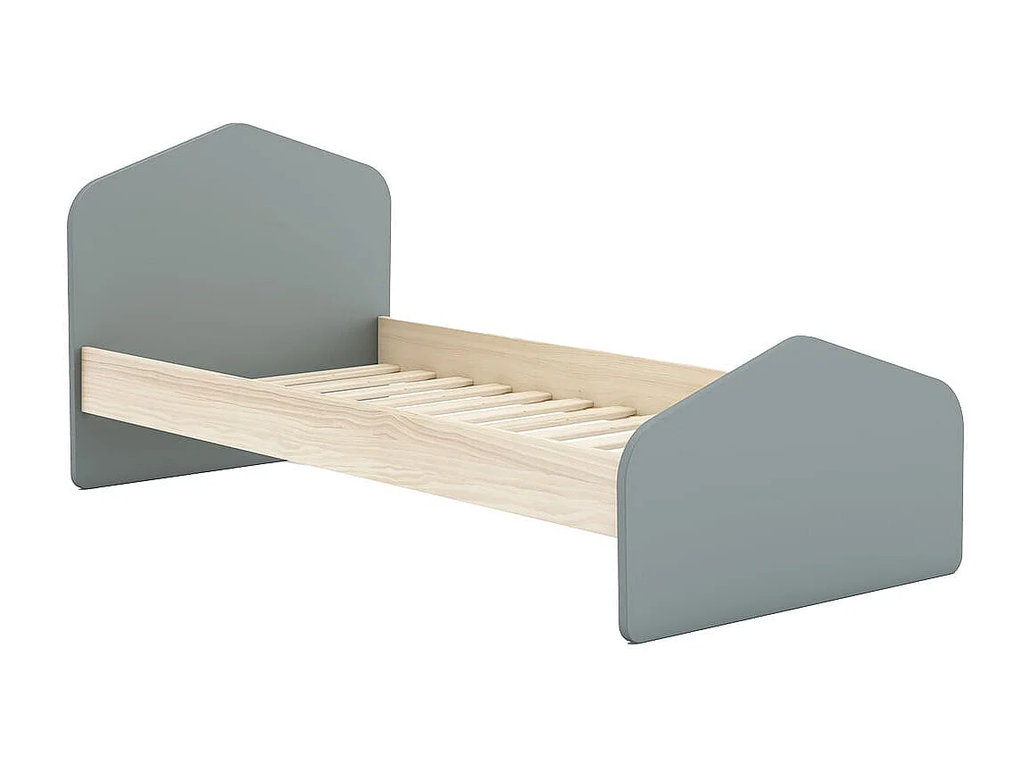 KAINA - Pack Lit 90x190cm + Chevet 2 Tiroirs + Commode 4T Coloris Gris et Naturel