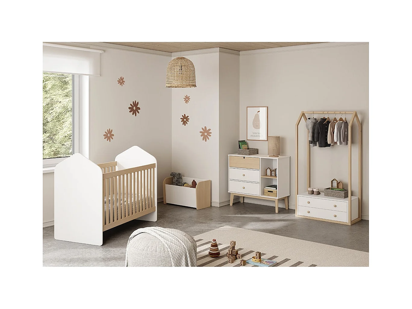 KAINA - Chambre Bébé 60x120cm Complète + Coffre à Jouets Coloris Blanc et Naturel