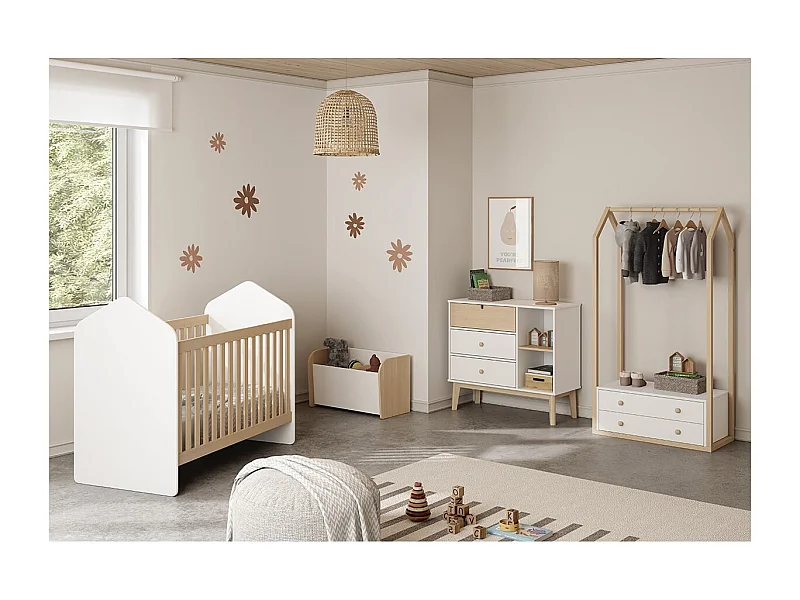 KAINA - Chambre Bébé 60x120cm Complète + Coffre à Jouets Coloris Blanc et Naturel