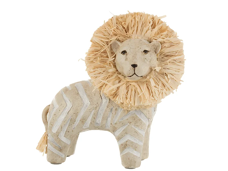 Statuette Déco en Raphia "Lion" 15cm Blanc & Beige