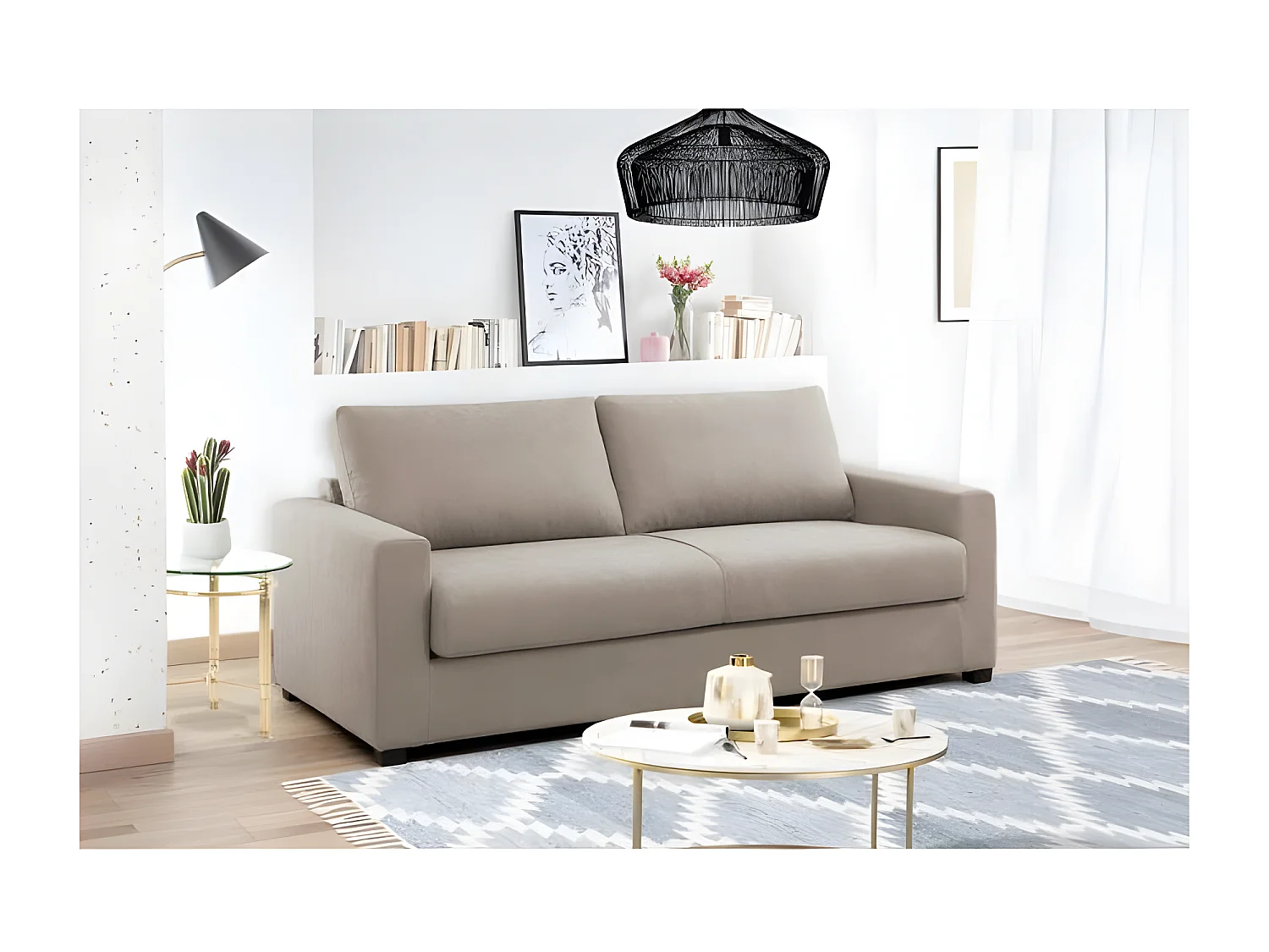 Canapé droit convertible 3 places MAXIME - Made in France - Tissu Beige - Couchage express - L 194 x P 96 x H 83 cm