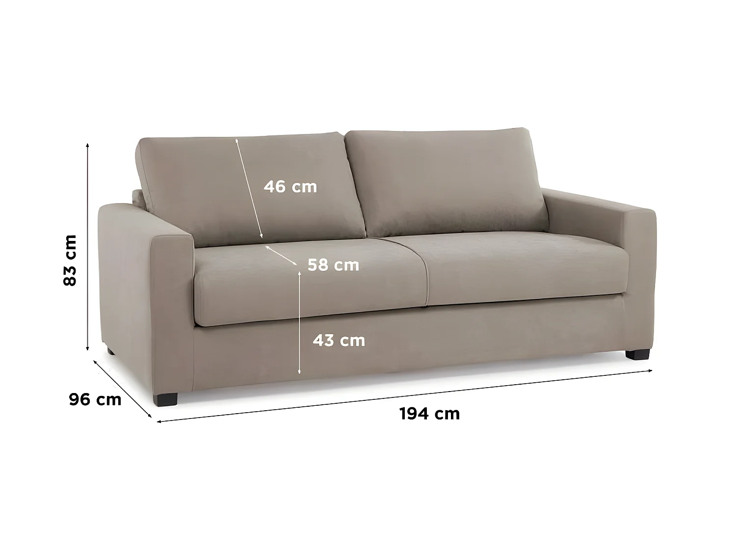 Canapé droit convertible 3 places MAXIME - Made in France - Tissu Beige - Couchage express - L 194 x P 96 x H 83 cm
