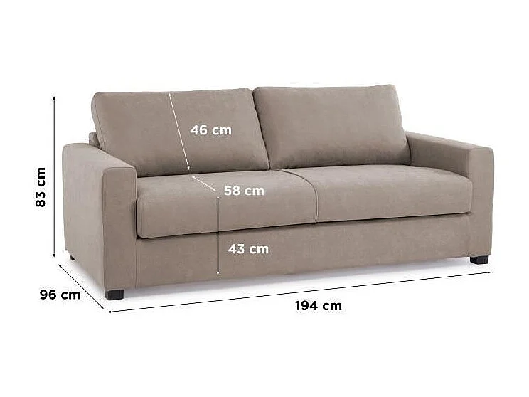 Canapé droit convertible 3 places MAXIME - Made in France - Tissu Beige - Couchage express - L 194 x P 96 x H 83 cm