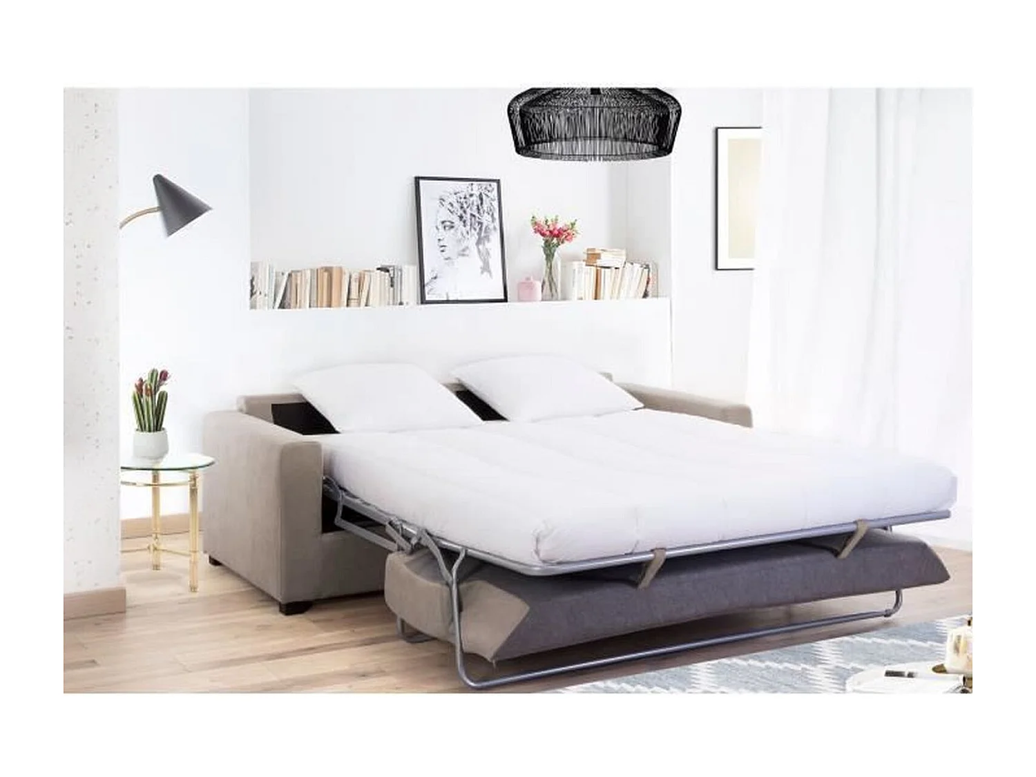 Canapé droit convertible 3 places MAXIME - Made in France - Tissu Beige - Couchage express - L 194 x P 96 x H 83 cm