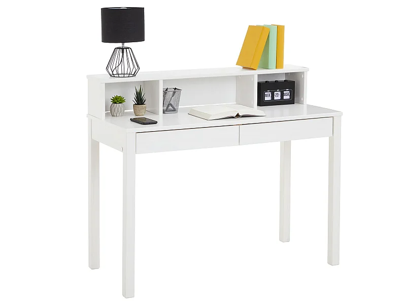 Bureau LENNOX avec rangement 2 tiroirs et 3 niches, en pin massif lasuré blanc