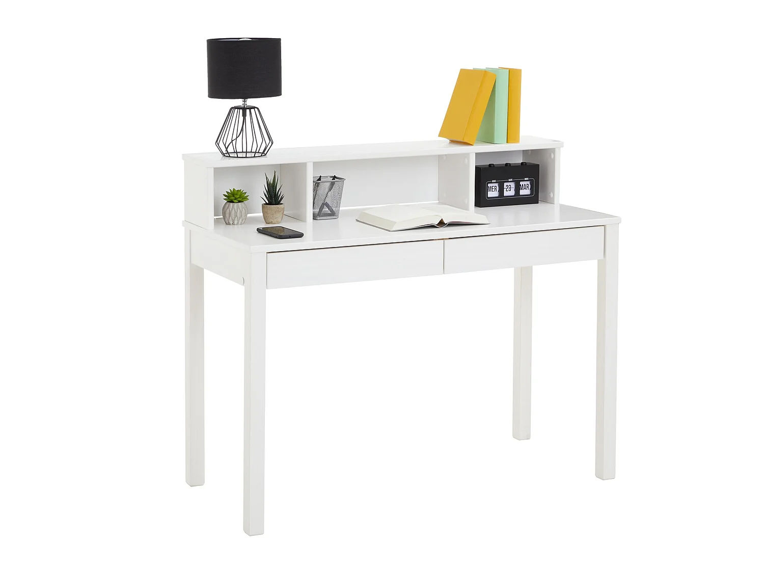 Bureau LENNOX avec rangement 2 tiroirs et 3 niches, en pin massif lasuré blanc