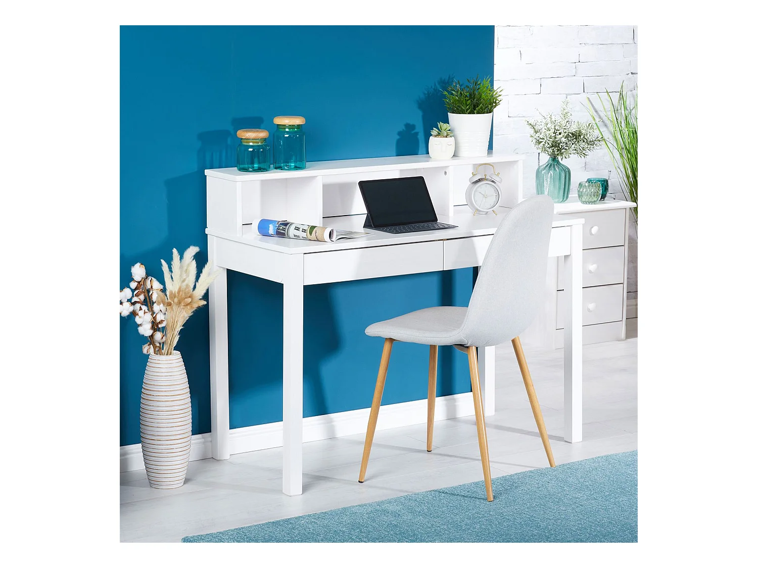 Bureau LENNOX avec rangement 2 tiroirs et 3 niches, en pin massif lasuré blanc