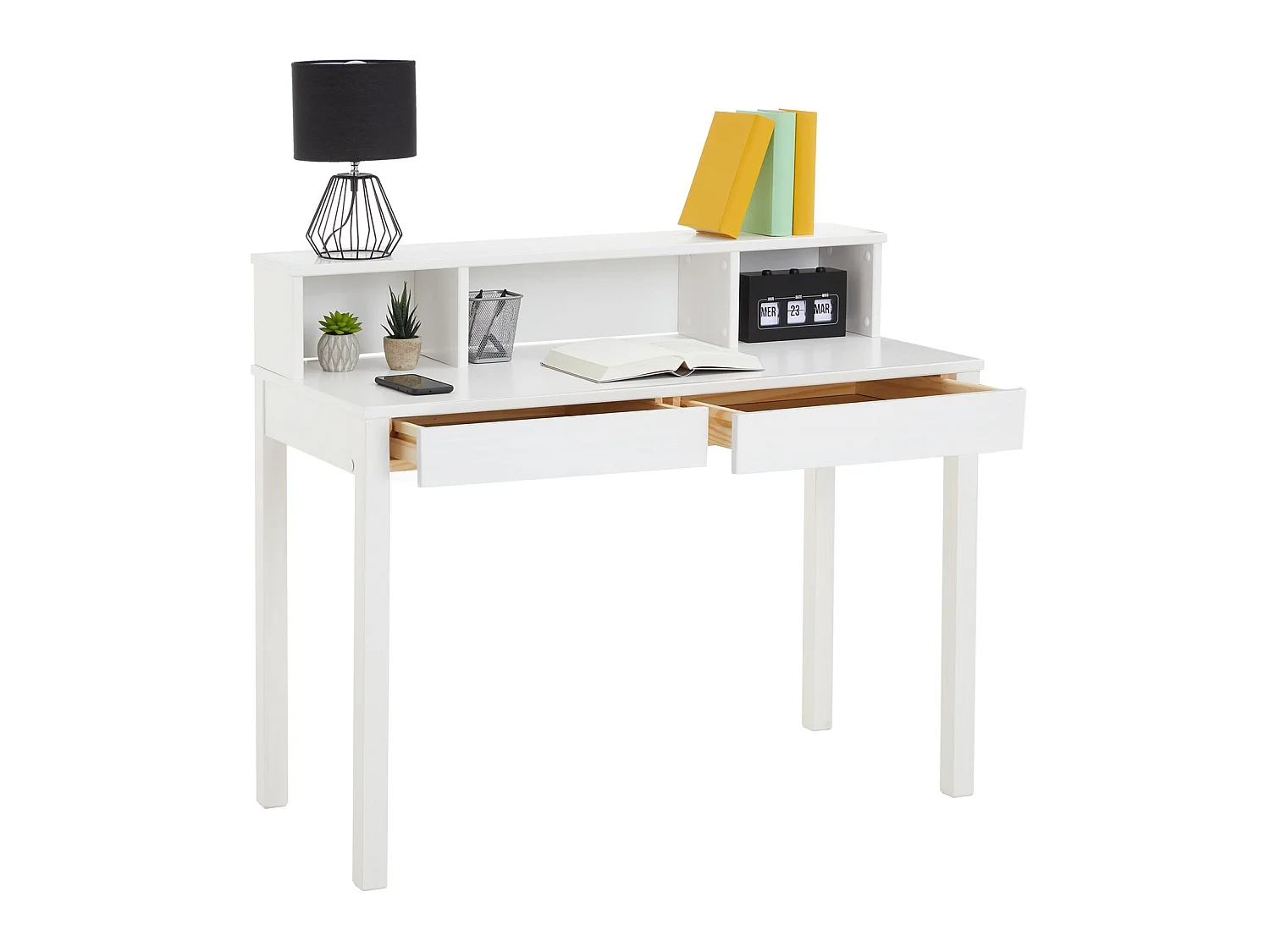 Bureau LENNOX avec rangement 2 tiroirs et 3 niches, en pin massif lasuré blanc