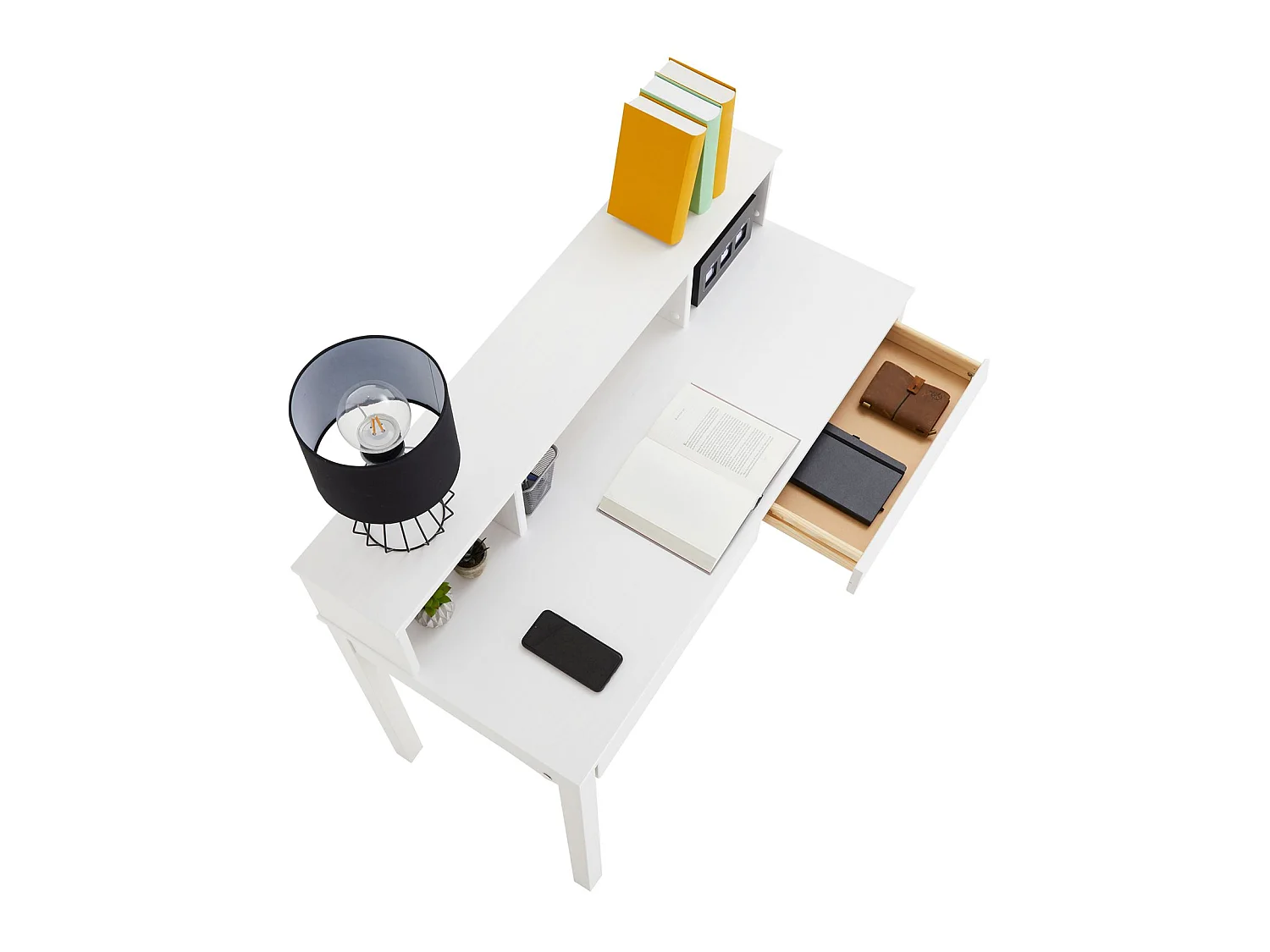 Bureau LENNOX avec rangement 2 tiroirs et 3 niches, en pin massif lasuré blanc