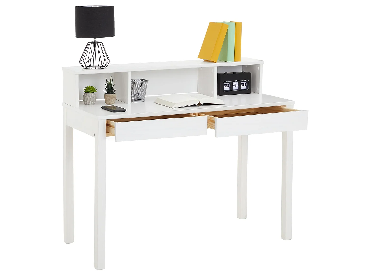 Bureau LENNOX avec rangement 2 tiroirs et 3 niches, en pin massif lasuré blanc