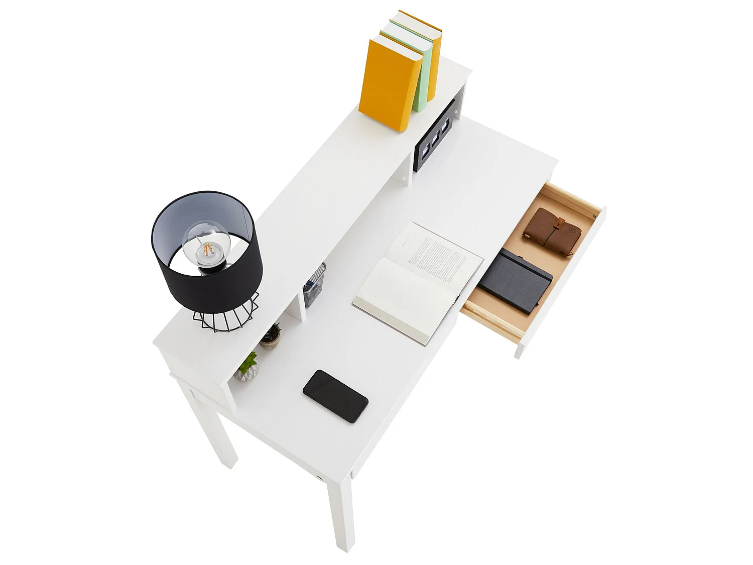 Bureau LENNOX avec rangement 2 tiroirs et 3 niches, en pin massif lasuré blanc