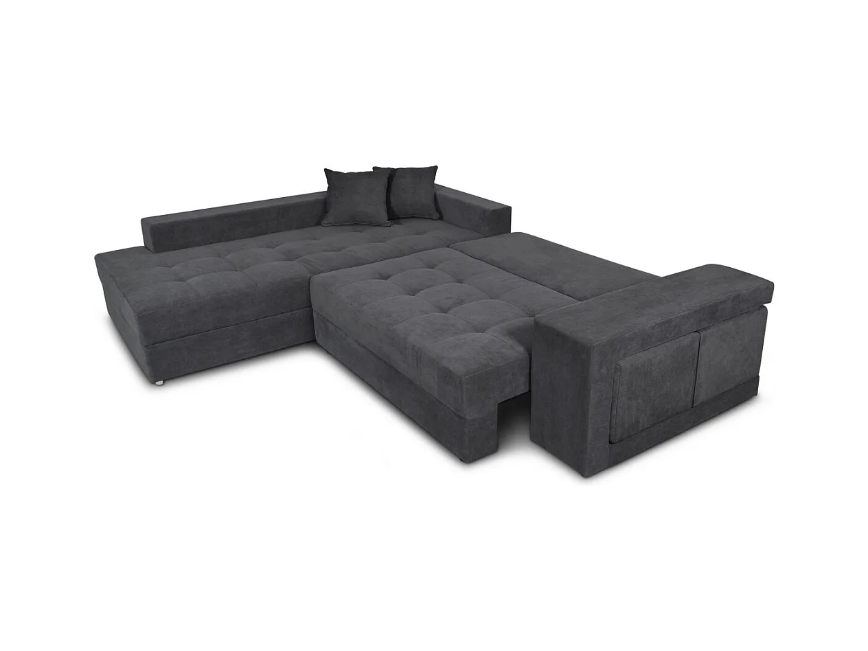Canapé d'angle gauche Tamia convertible avec coffre et 2 poufs en tissu - Gris anthracite - L288 x P224 x H87cm - Loungitude