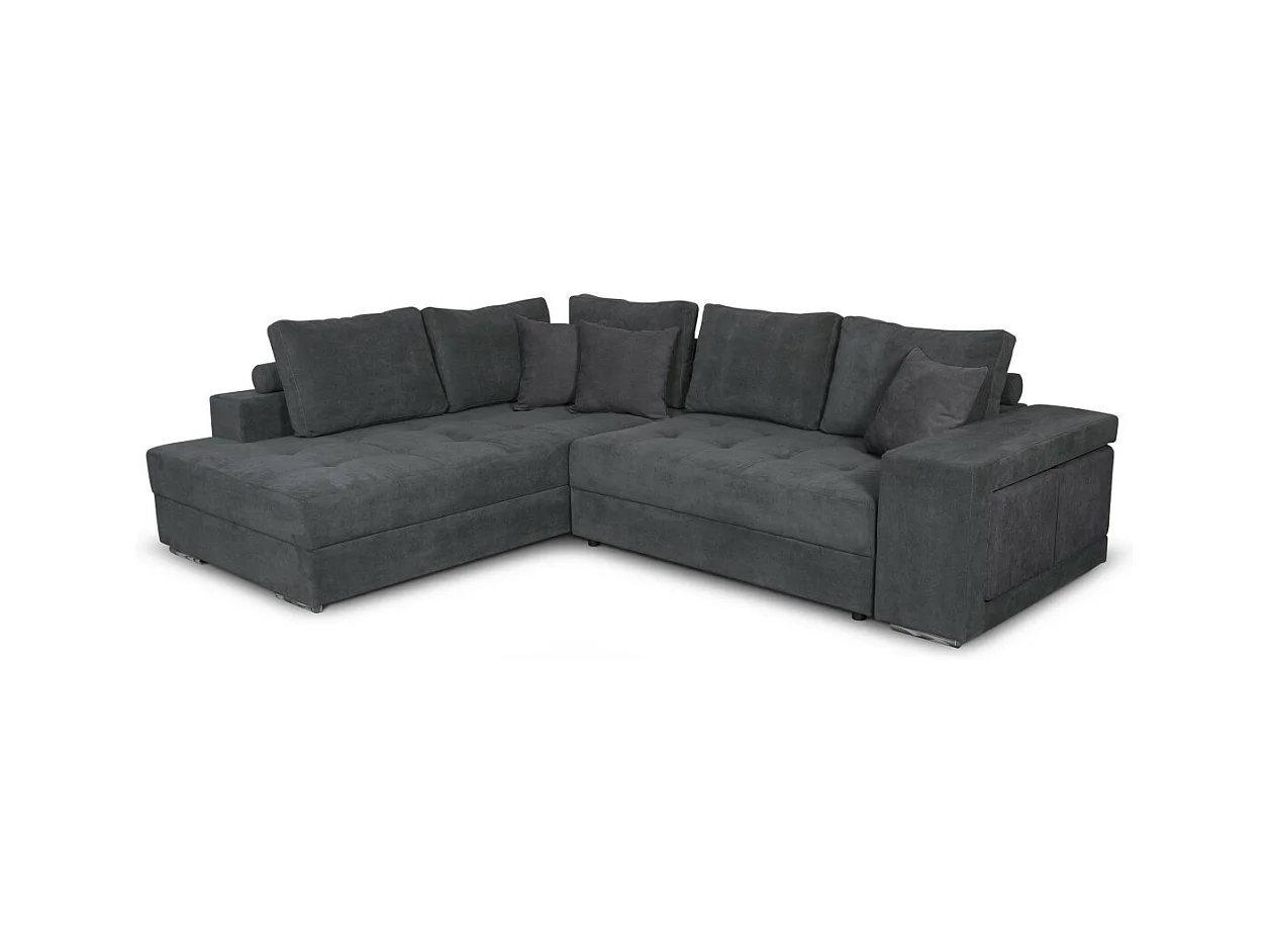 Canapé d'angle gauche Tamia convertible avec coffre et 2 poufs en tissu - Gris anthracite - L288 x P224 x H87cm - Loungitude
