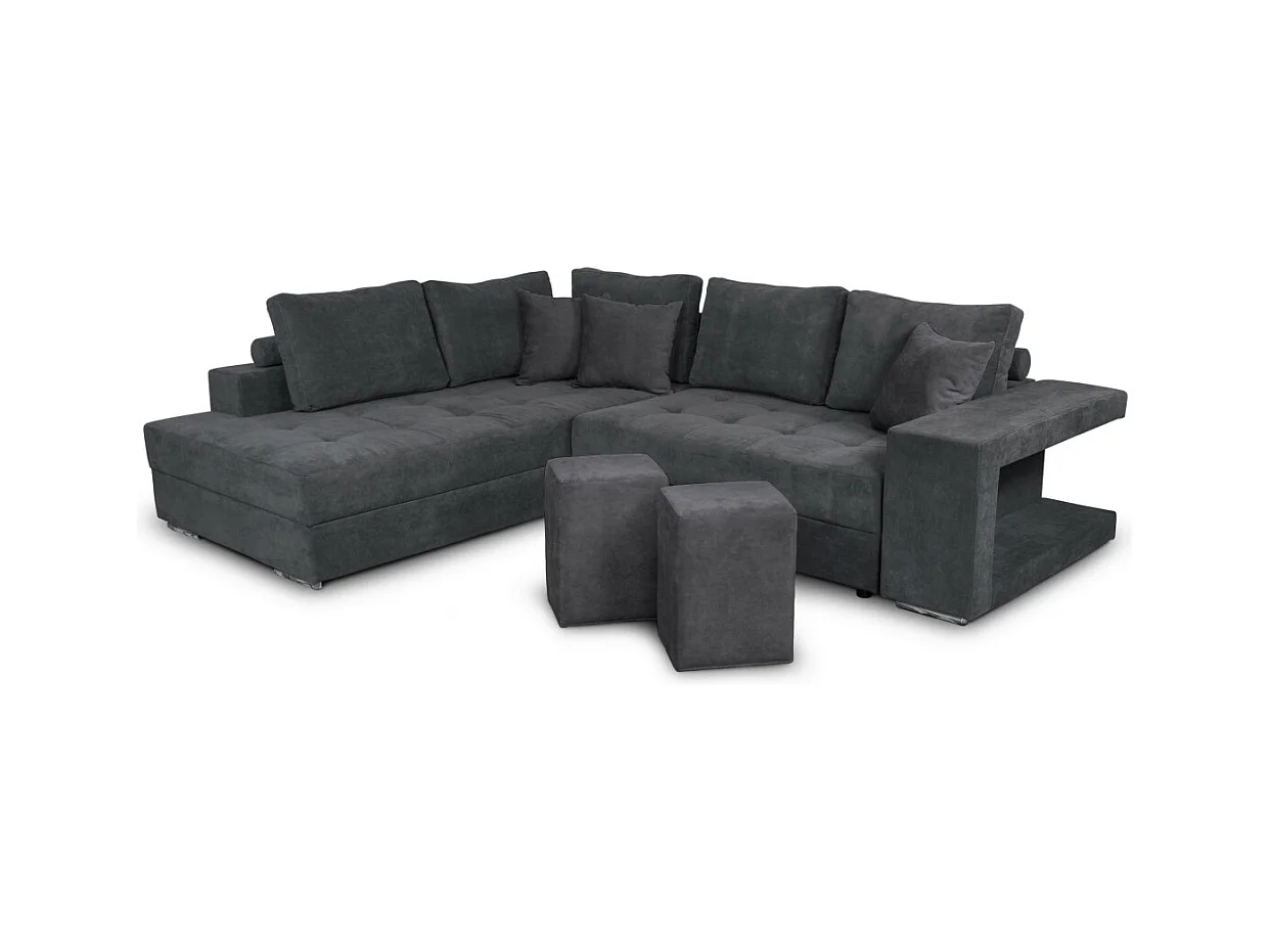 Canapé d'angle gauche Tamia convertible avec coffre et 2 poufs en tissu - Gris anthracite - L288 x P224 x H87cm - Loungitude
