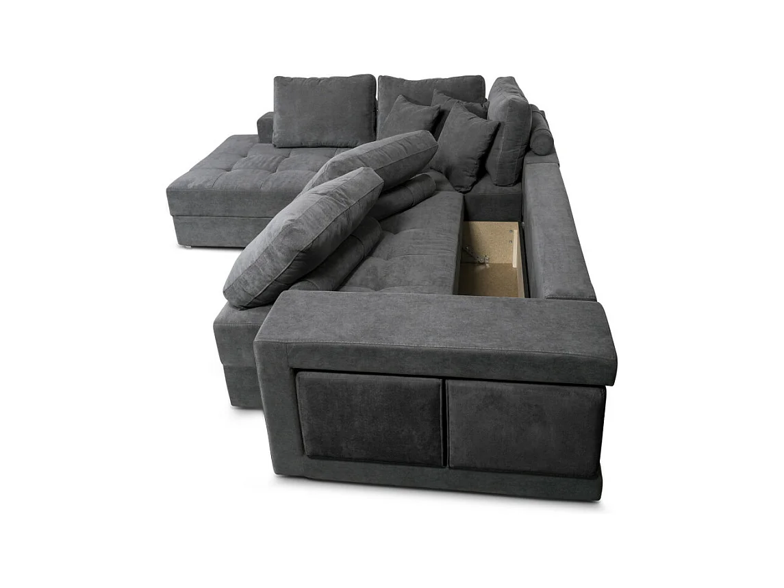 Canapé d'angle gauche Tamia convertible avec coffre et 2 poufs en tissu - Gris anthracite - L288 x P224 x H87cm - Loungitude