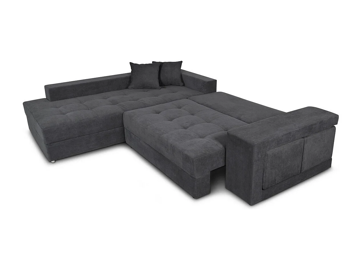 Canapé d'angle gauche Tamia convertible avec coffre et 2 poufs en tissu - Gris anthracite - L288 x P224 x H87cm - Loungitude