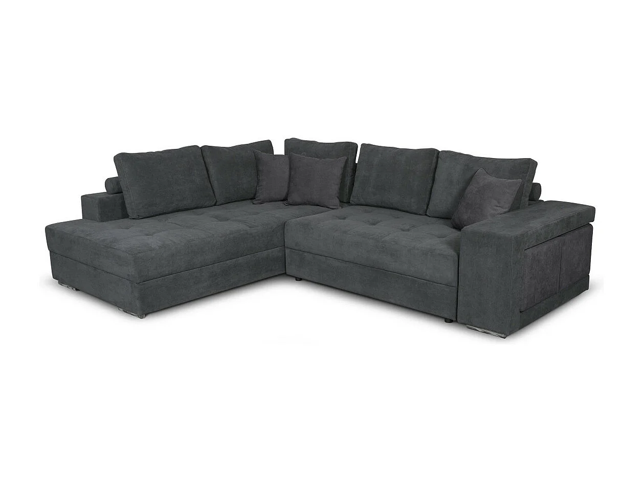 Canapé d'angle gauche Tamia convertible avec coffre et 2 poufs en tissu - Gris anthracite - L288 x P224 x H87cm - Loungitude