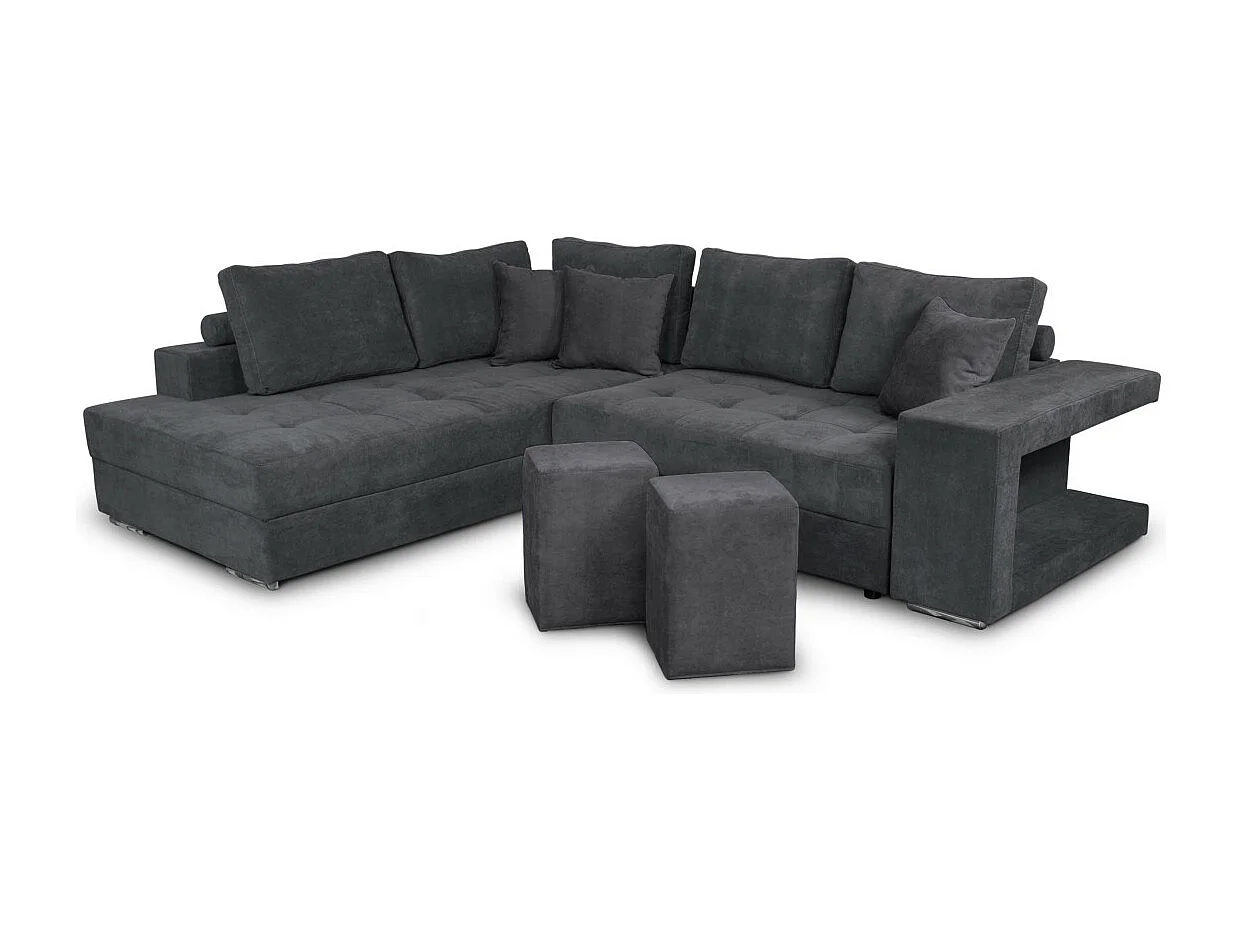 Canapé d'angle gauche Tamia convertible avec coffre et 2 poufs en tissu - Gris anthracite - L288 x P224 x H87cm - Loungitude