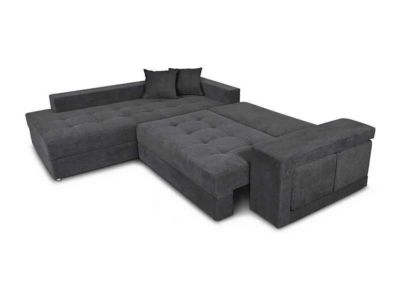 Canapé d'angle gauche Tamia convertible avec coffre et 2 poufs en tissu - Gris anthracite - L288 x P224 x H87cm - Loungitude