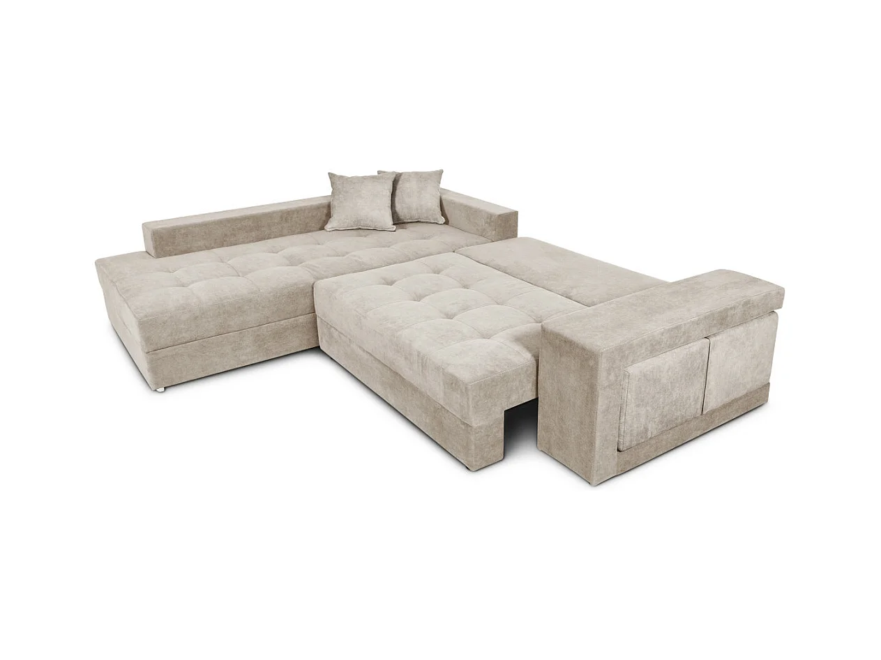 Canapé d'angle gauche Tamia convertible avec coffre et 2 poufs en tissu - Beige - L288 x P224 x H87cm - Loungitude